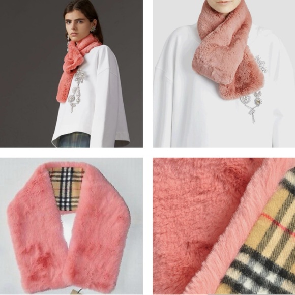 BURBERRY CHIC SCARF WITH THE VINTAGE CHECK IN CASHMERE AND PALE PINK FAUX FUR - Picture 10 of 16